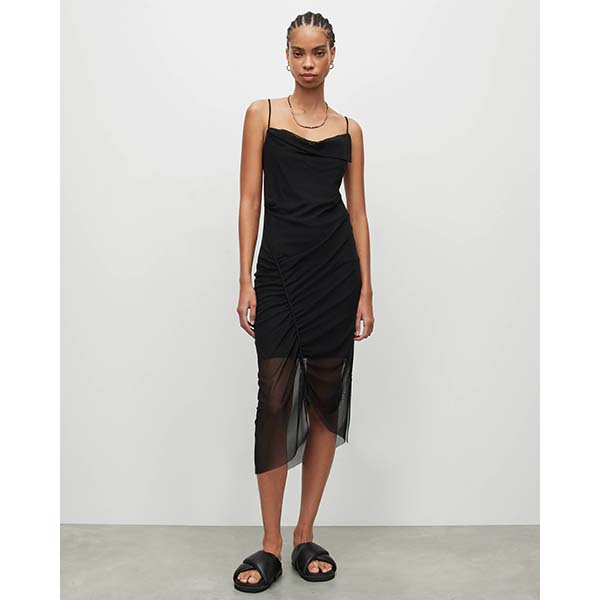 Allsaints Australia Womens Ulla Square Neck Mesh Draped Midi Dress Black AU68-205